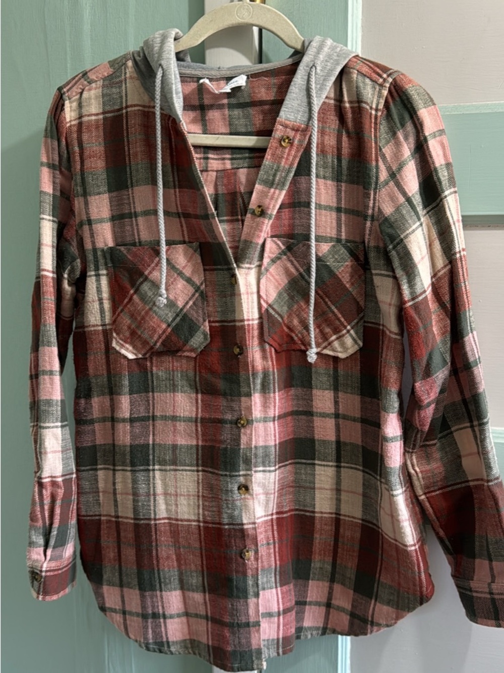 Grace & Lace Pink, Green & Cream Plaid Hooded Flannel Shirt